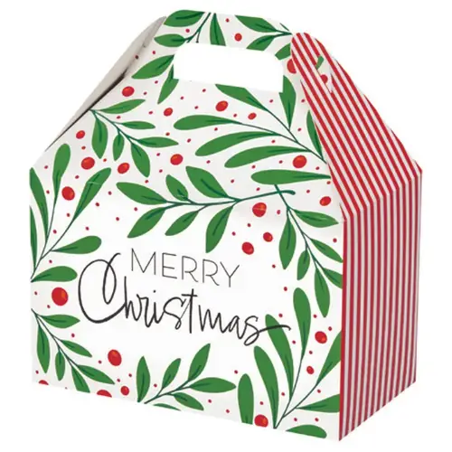 Wintergreen Christmas large gable box — green watercolor greenery with red Merry Christmas script, die-cut top carry handle