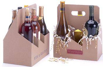 4-bottle corrugated wine carrier — natural kraft carrier with dividers and a center handle holding wine bottles