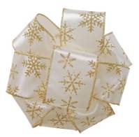 Ivory wired ribbon tied in a full bow, printed with gold glitter snowflakes and finished with thin gold glitter edges