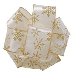 Ivory wired ribbon tied in a full bow, printed with gold glitter snowflakes and finished with thin gold glitter edges