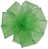 Bright lime green sheer organza wired ribbon shaped into a multi-loop bow, edges trimmed with matching green glitter