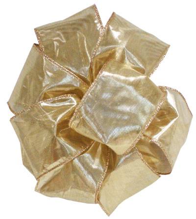 Shiny metallic gold lame wired ribbon gathered into a full bow, with a bright liquid sheen and matching gold wired edges