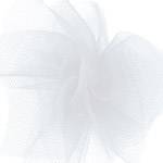 White tulle ribbon gathered in a rosette — soft sheer mesh netting, 6" width, 25 yards