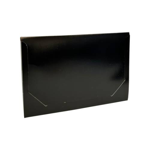 Black Ice gift card folder 5" x 3 3/8" x 1/8" — slim tuck-close sleeve, solid glossy black, holds a standard gift card