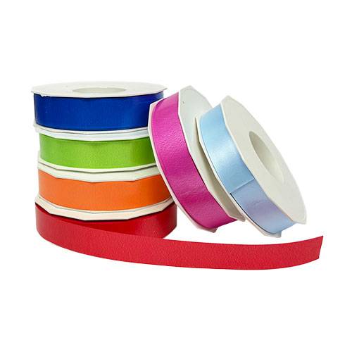 Assorted poly ribbon on a flat spool — solid-color polypropylene, 1" width, 100 yards