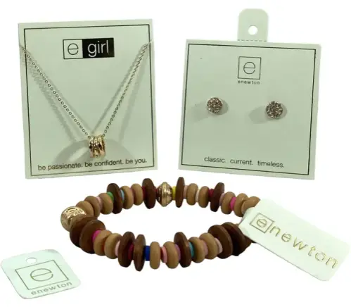 Custom printed earring card with stud earrings and a boutique logo, shown with matching necklace card and jewelry hang tags
