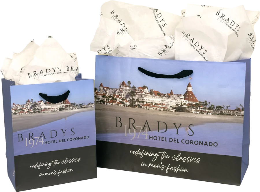Custom printed Bradys 1974 Hotel del Coronado shopping bags in two sizes with branded tissue paper
