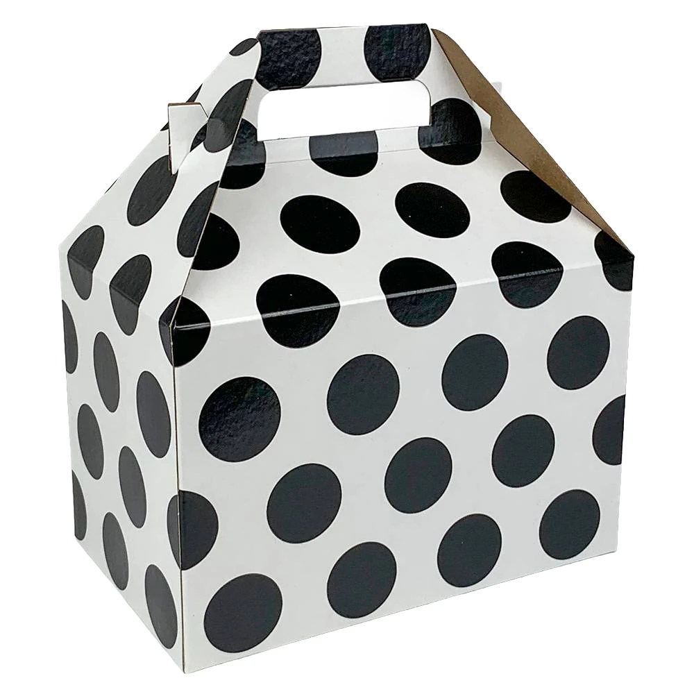 White gable box with black polka dots