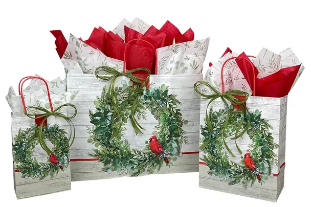 Cardinal Wreath Christmas shopping bags in three sizes with greenery wreaths, red cardinals and red tissue