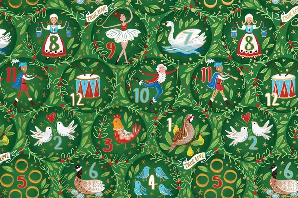 Twelve Days of Christmas gift wrap paper with illustrated birds, drummers and dancers on a festive green ground