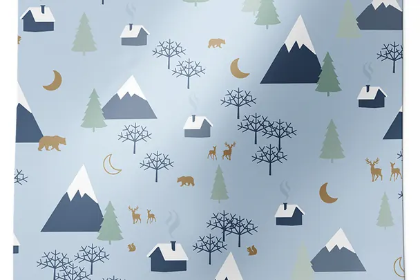 Alpine Holiday printed tissue paper with a winter village of snow covered houses, trees and deer in blue and white