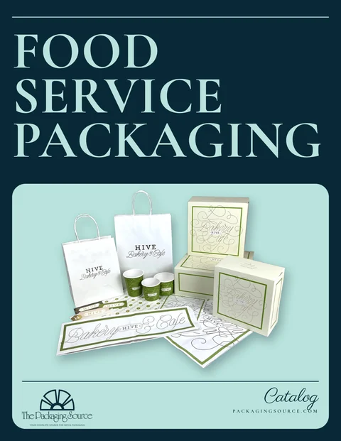 Food Service Packaging Catalog cover showing the Hive Bakery and Cafe program: printed shopping bags, cups, bakery boxes and tissue