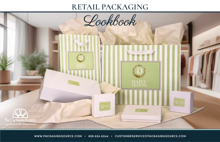 Retail Packaging Lookbook cover showing custom printed striped shopping bags, gift boxes and tissue paper