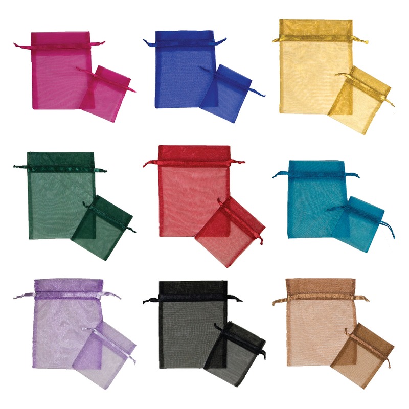 Organza bags shown in nine colors, sheer drawstring pouches in two sizes