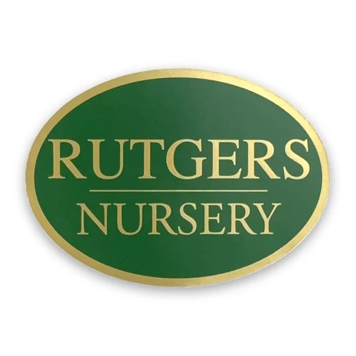 Gold foil on a dark green oval label for Rutgers Nursery