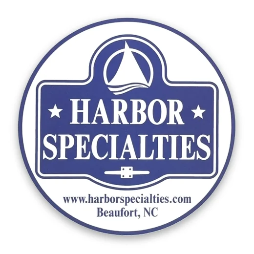Navy, red and yellow full color seal label for Harbor Specialties