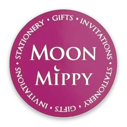 Magenta circle label with white lettering for Moon Mippy