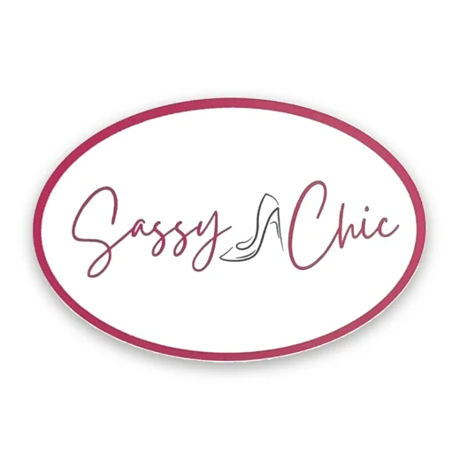 Burgundy script oval label on white for Sassy Chic