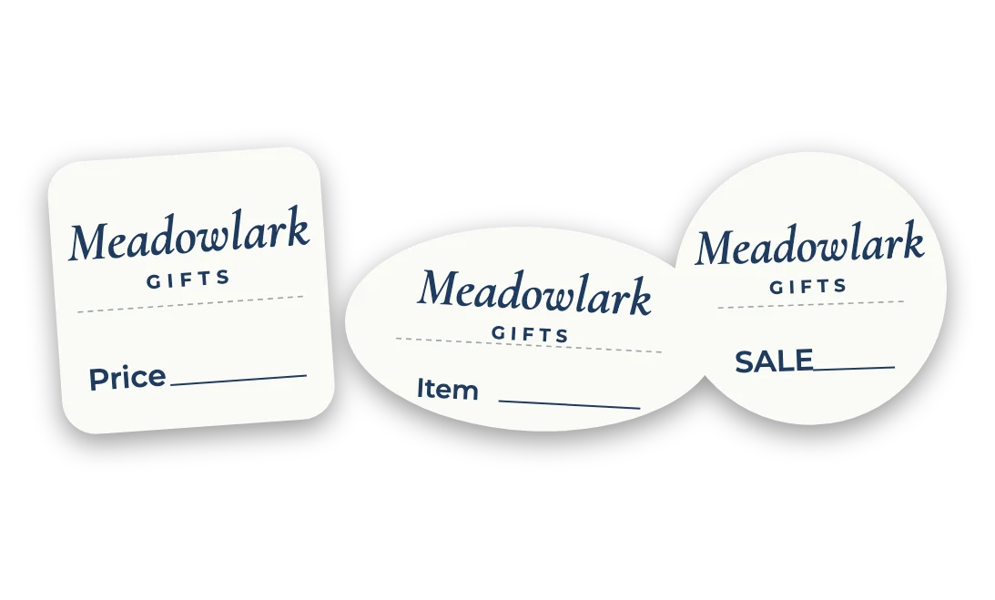 Small perforated price labels printed with a store name in one ink color, shown with a fictional brand: a one inch square, an oval and a one inch circle