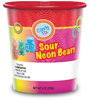 Custom printed 12 oz clear plastic container of gummy candy