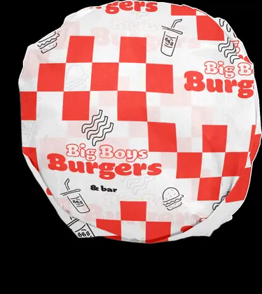 Burger wrapped in red check custom printed deli paper