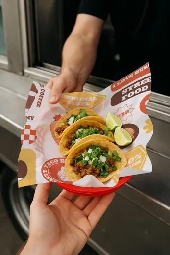 Street tacos on custom printed deli paper
