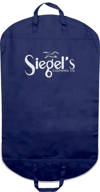 Navy non-woven garment bag with white piping and a white script logo