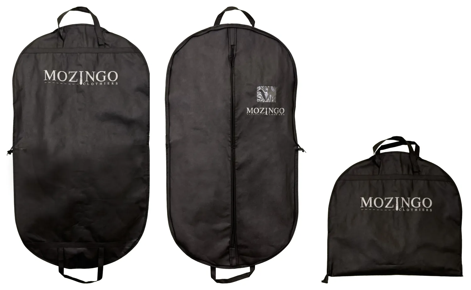 Black custom non-woven garment bag printed with a clothier logo, shown from the logo side, the zipper side with a card window, and folded in half by its handles