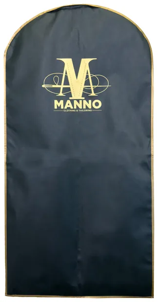 Custom printed non-woven garment bag supplied to Manno Clothing and Tailoring