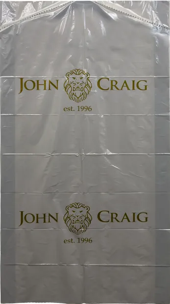 Custom printed plastic garment bag supplied to John Craig