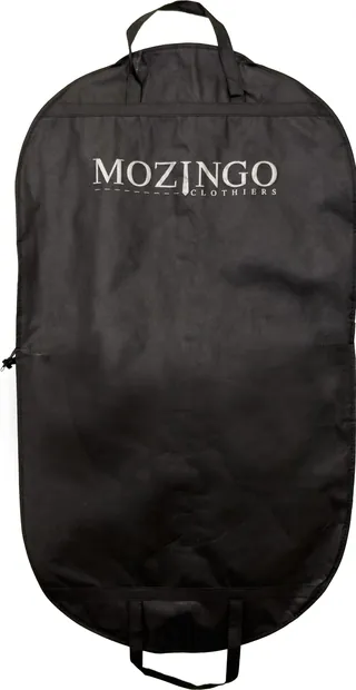 Custom printed non-woven garment bag supplied to Mozingo Clothiers