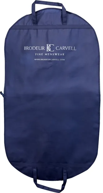 Custom printed non-woven garment bag supplied to Brodeur Carvell