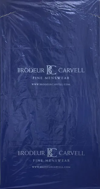 Custom printed plastic garment bag supplied to Brodeur Carvell