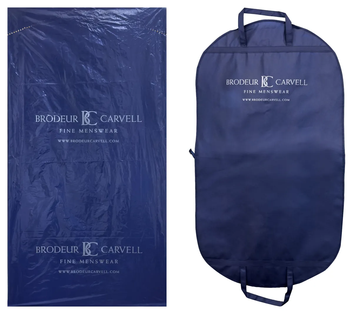One menswear store logo printed on a navy plastic film garment bag and on a navy non-woven zippered garment bag