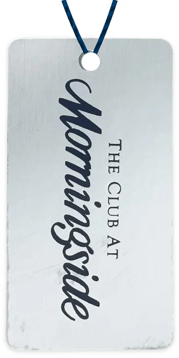 Custom hang tag customer sample, navy foil on light gray