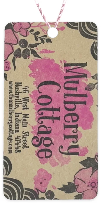 Custom hang tag customer sample, black and pink (PMS 212) ink on kraft