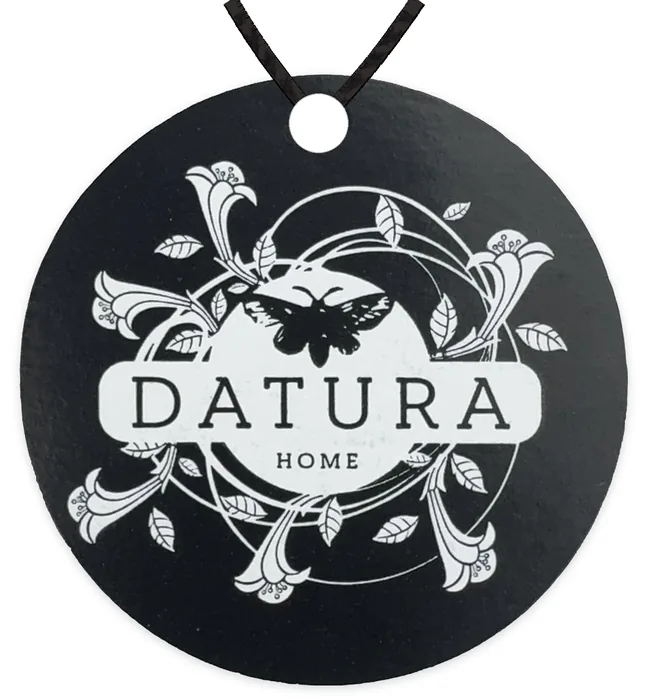 Custom hang tag customer sample, white foil on black gloss, round die