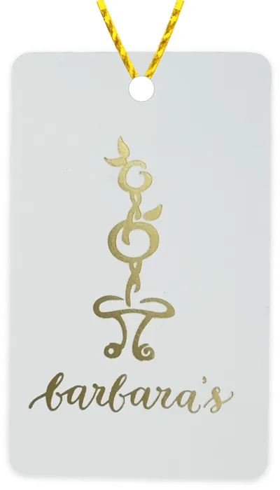 Custom hang tag customer sample, matte gold foil on matte white