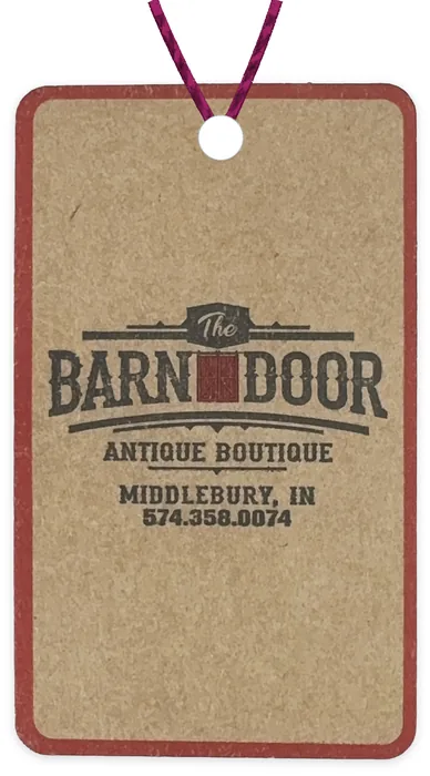 Custom hang tag customer sample, red and black ink on kraft