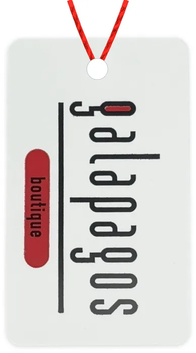 Custom hang tag customer sample, black and red (PMS 199) ink on white gloss