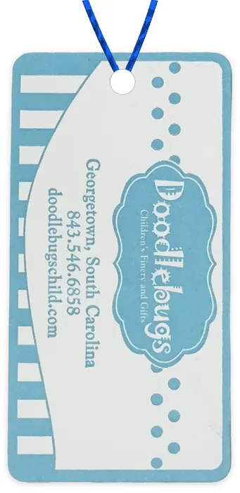 Custom hang tag customer sample, blue (PMS 305) ink on white gloss