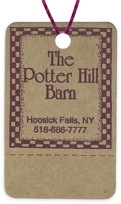 Custom hang tag customer sample, burgundy ink on kraft, with perf