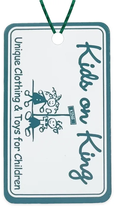 Custom hang tag customer sample, turquoise ink on white gloss, rounded corners