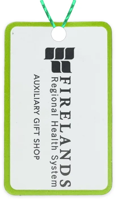 Custom hang tag customer sample, black and citrus ink on white gloss