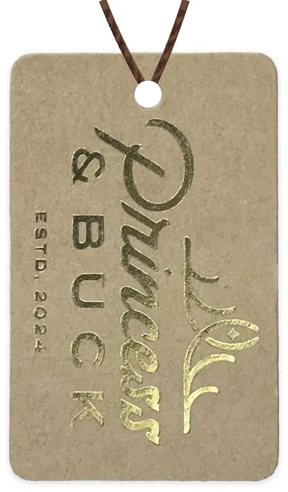 Custom hang tag customer sample, metallic gold foil on kraft, rounded corners
