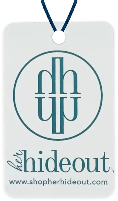 Custom hang tag customer sample, turquoise ink on white gloss