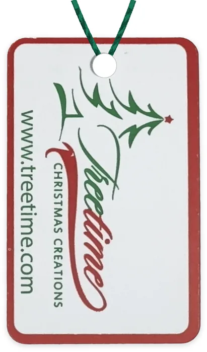 Custom hang tag customer sample, red and light green ink on white gloss, rounded corners