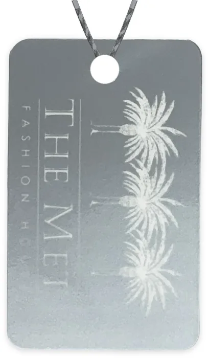 Custom hang tag customer sample, metallic silver ink on white gloss