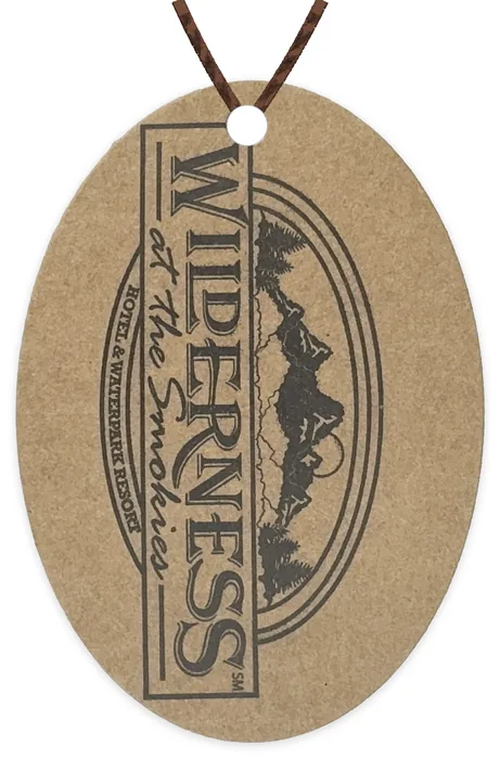 Custom hang tag customer sample, black ink on kraft, oval die