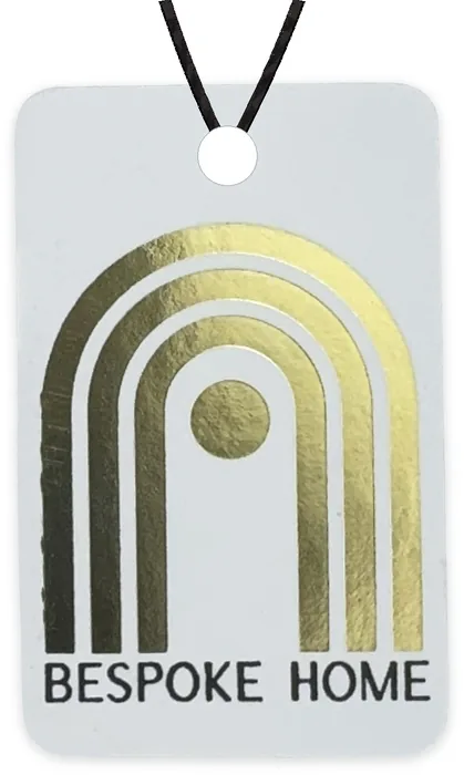 Custom hang tag customer sample, metallic gold and black foil on white gloss